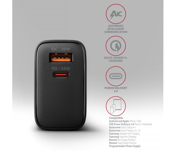 AXAGON ACU-PQ45 Ładowarka sieciowa 2-port QC3.0,4.0/AFC/FCP/PPS/Apple + PD type-C, 45W, Czarna - 1485043 - zdjęcie 2